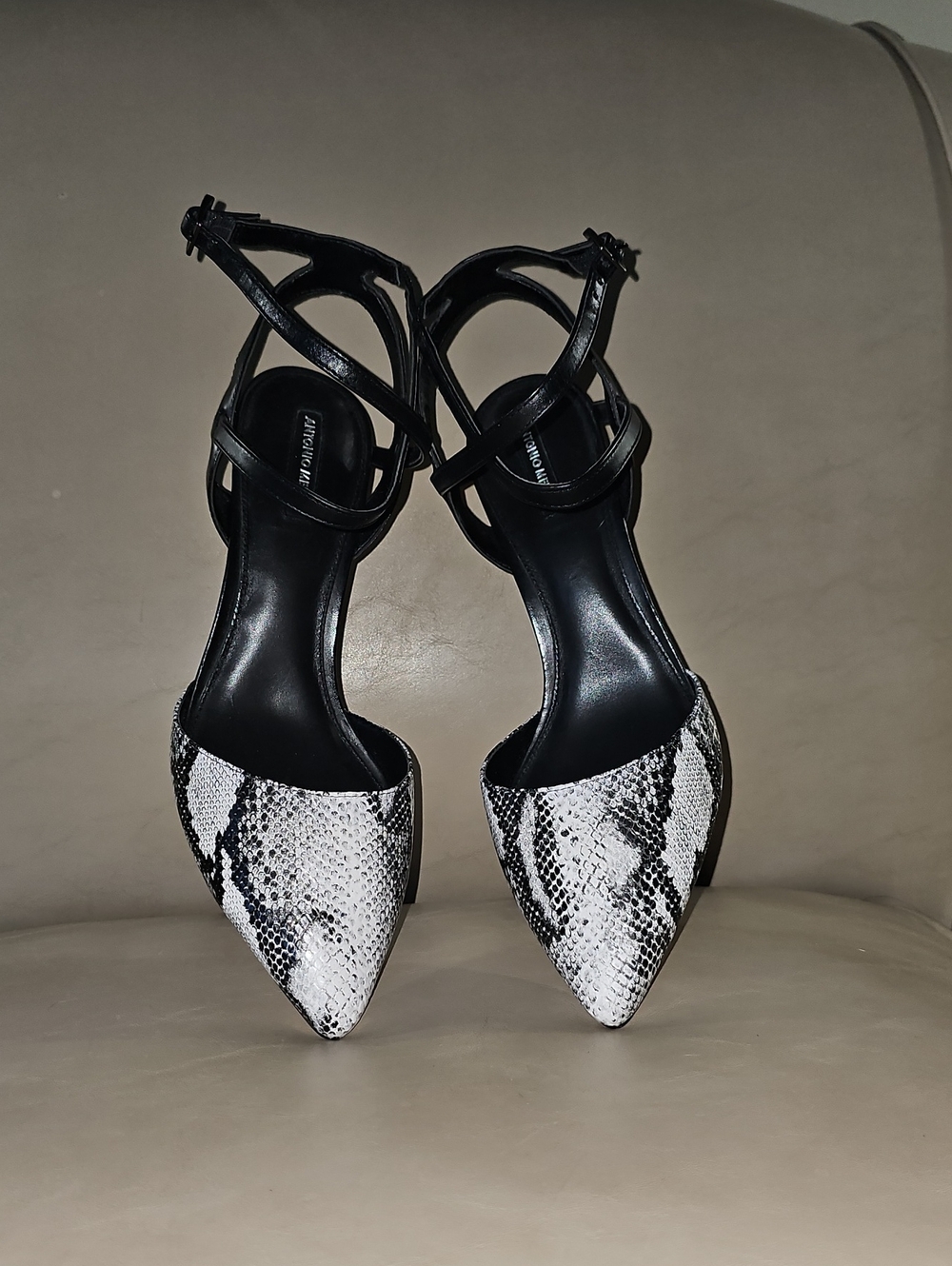 ANTONIO MELANI Black Ankle-Strap Pointed Snake-Print Heels
